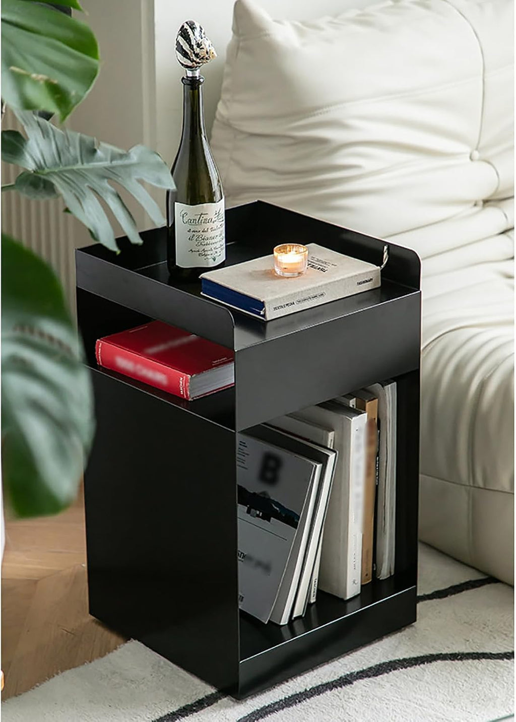 Mobile Narrow Side Table, Modern Metal End Table with 3 Tier Storage, Rolling Nightstand for Bedroom, Living Room, Space-Saving Sofa Side Table with Rounded Corners (35x34x61cm(14x14x24), Red)