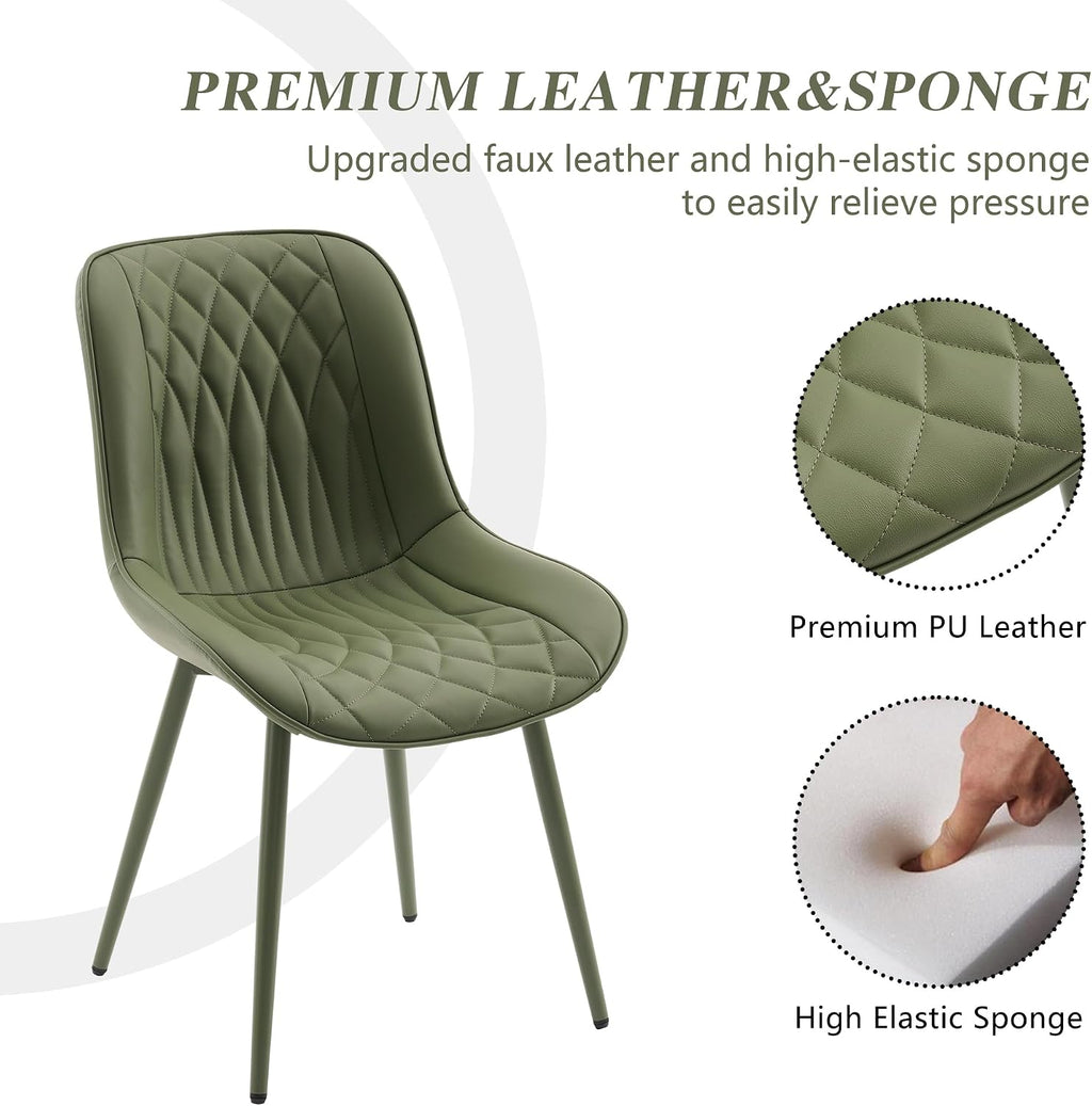 YOUNIKE Olive Green Faux Leather Dining Chairs Set of 2 Mid-Century Modern High Padded Back Comfy Upholstered Kitchen Chairs with Metal Legs Wide Seat Accent Side Chair for Dining/Living/Waiting Room