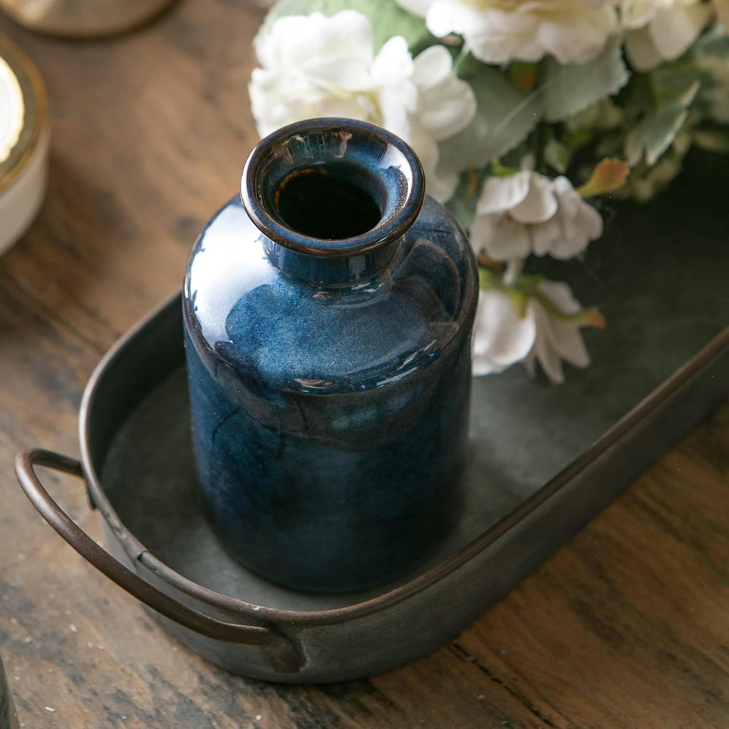 Mowtanco Blue Ceramic Vase Set of 3 Small Vases, Modern Farmhouse for Home Decor Bottles, Rustic Terracotta Vase Decorative Vases for Table,Fireplaces Decor, Bookshelf, Living Room