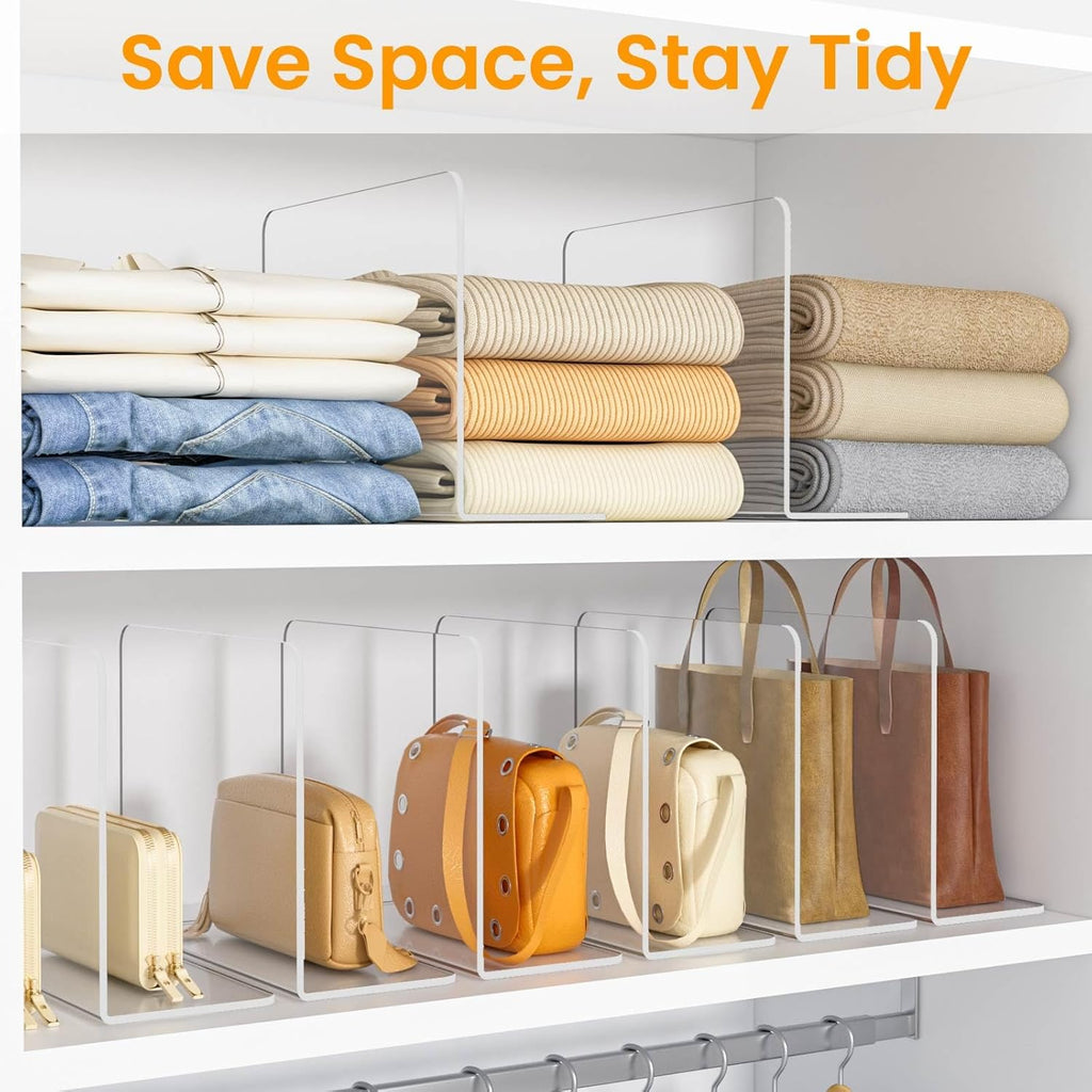 Shelf Dividers for Closet Organization – Acrylic Clear Sturdy Dividers to Keep Clothes, Sweaters & Purses Upright, Free-Standing for Wood Shelves, 10" Tall x 12" Deep, 8 Pack