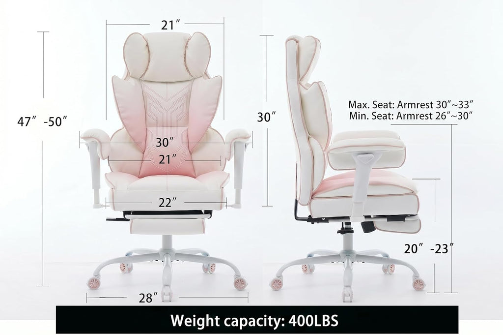 Big and Tall Gaming Office Chair 400lbs - Heavy Duty Ergonomic Computer Desk Chair with Footrest, Adjustable Armrests, High Back PU Leather with Racing Style (White/Pink)