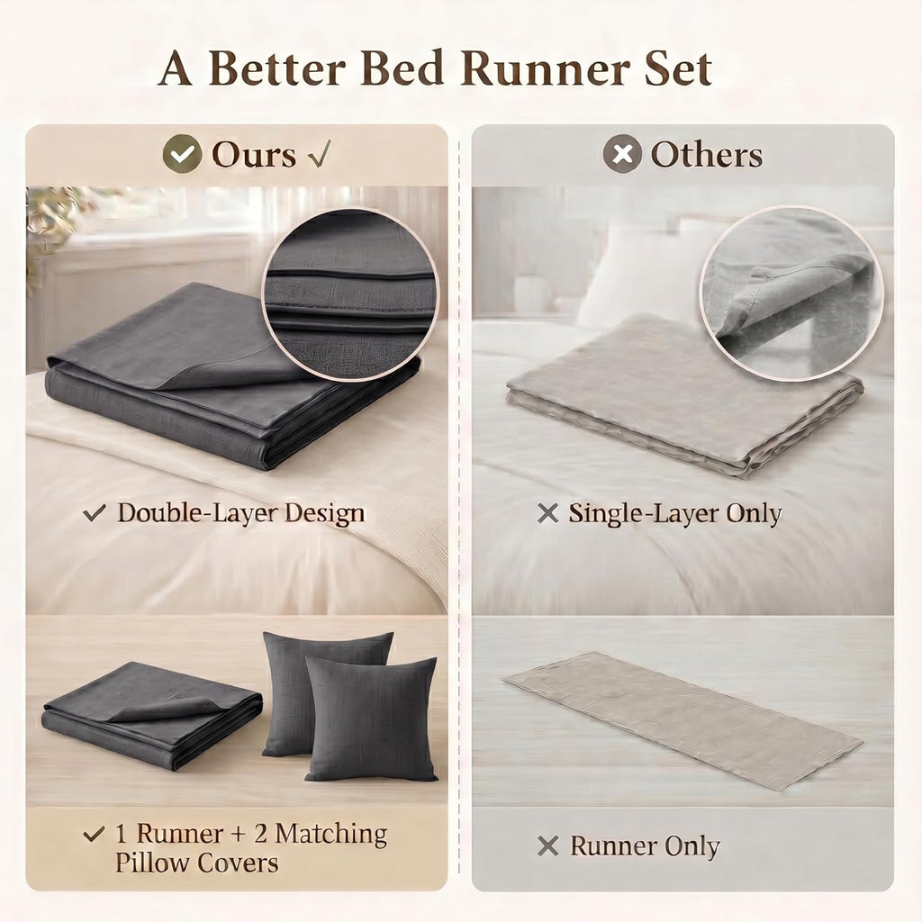 Solid Bed Runner with 2 Matching Pillow Covers,Decorative Bed Scarf for Foot of Bed,Bedroom Hotel Bedding Set,Charcoal Gray,Queen