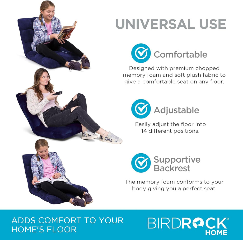 BIRDROCK HOME Adjustable 14-Position Memory Foam Floor Chair – Foldable Video Gaming Chair with Comfy Seat, Thick Cushion and Back Support for Gaming, Reading or Meditation (Blue)