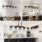 36" Farmhouse Kitchen Light Fixture, Black Hanging Kitchen Chandelier, 5-Light Rustic Dining Room Light Adjustable Height with Wood and Metal Frame, Suit for Farmhouse, Industrial Style