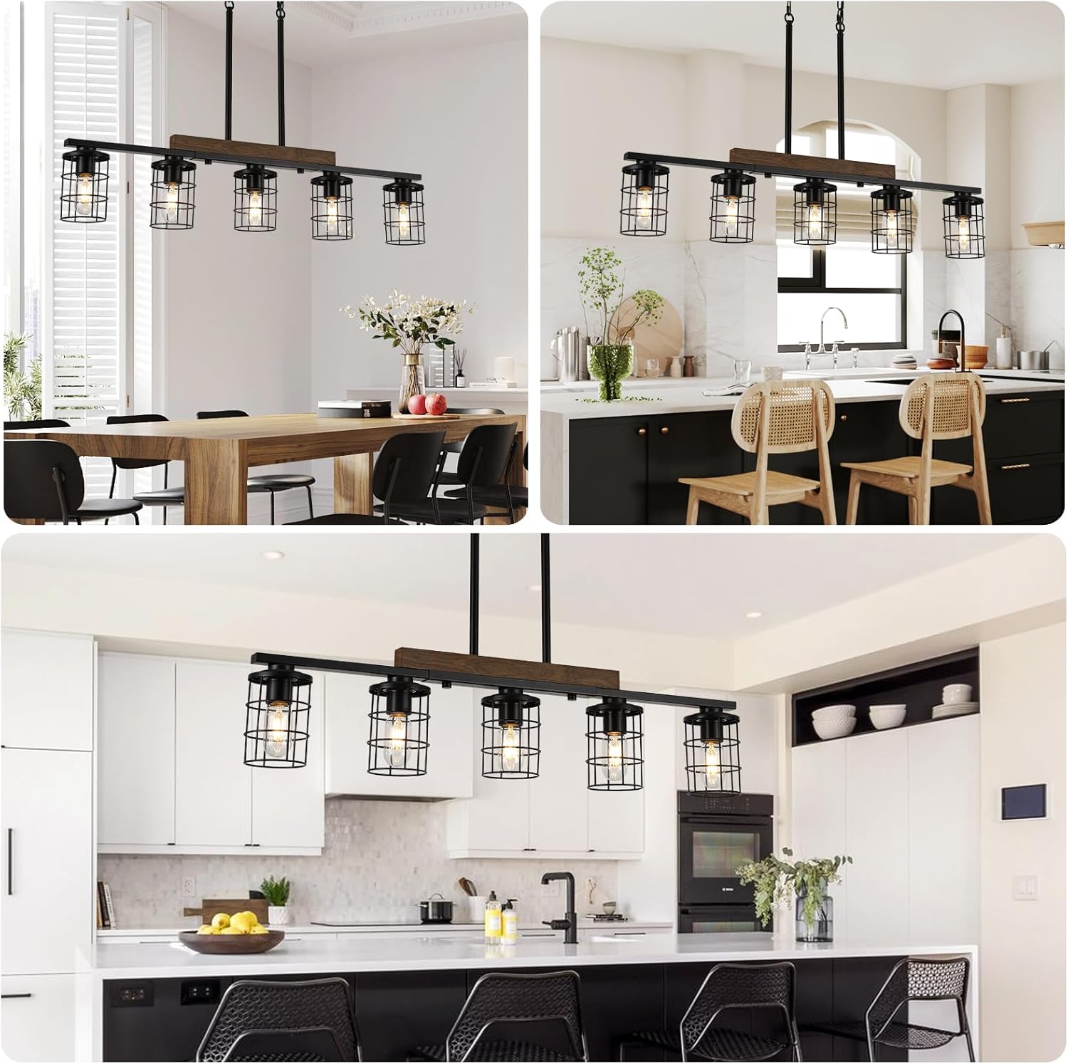 36" Farmhouse Kitchen Light Fixture, Black Hanging Kitchen Chandelier, 5-Light Rustic Dining Room Light Adjustable Height with Wood and Metal Frame, Suit for Farmhouse, Industrial Style