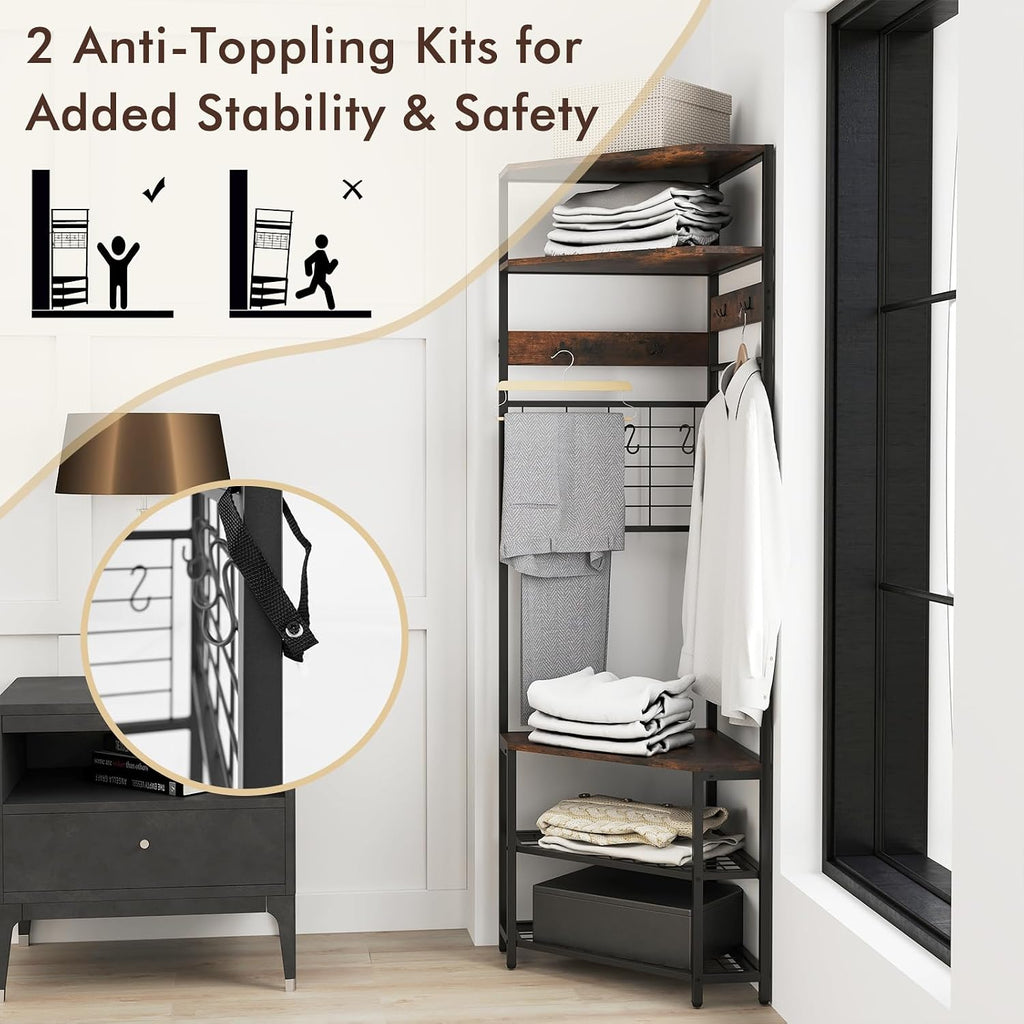 Giantex Corner Hall Tree, 73" Tall Coat Rack w/Shoe Storage Bench, 12 Metal Hooks, 5-Tier Entryway Shoes Shelf Organizer, Freestanding Clothes Rack for Living Room, Bedroom (Rustic Brown & Black)