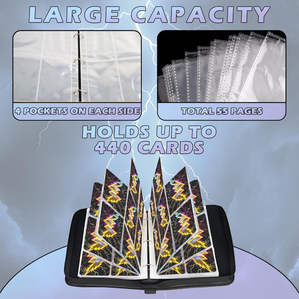 Trading Card Binder-440 Pockets Premium Trading Card Book, Double-Side Collectible Card Albums Compatible with Game/Baseball/Football/TCG Card, Waterproof PU Zippered Storage Card Holder