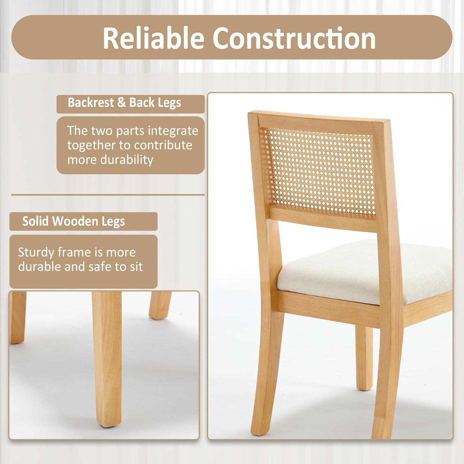 Westice Rattan Dining Chairs Set of 4, French Country Dining Room Chairs with Upholstered Cushion, Wood Armless Chairs for Kitchen/Restaurant