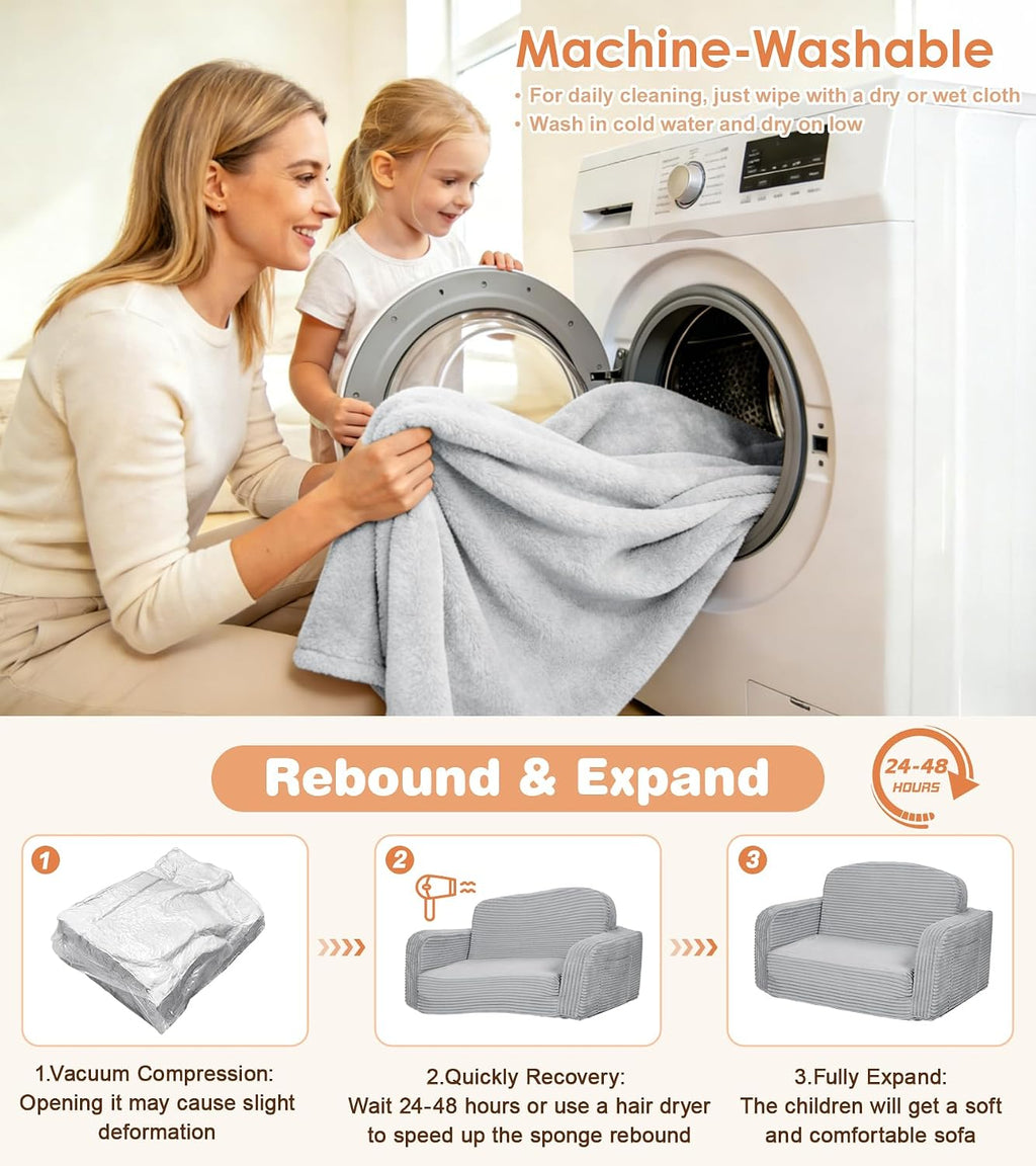 Extra Wide 2-in-1 Convertible Kids Couch | Large Corduroy Toddler Sofa Chair with Storage Pocket & Blanket | Foldable Foam Play Couch| Non-Toxic, for Boys & Girls, Grey