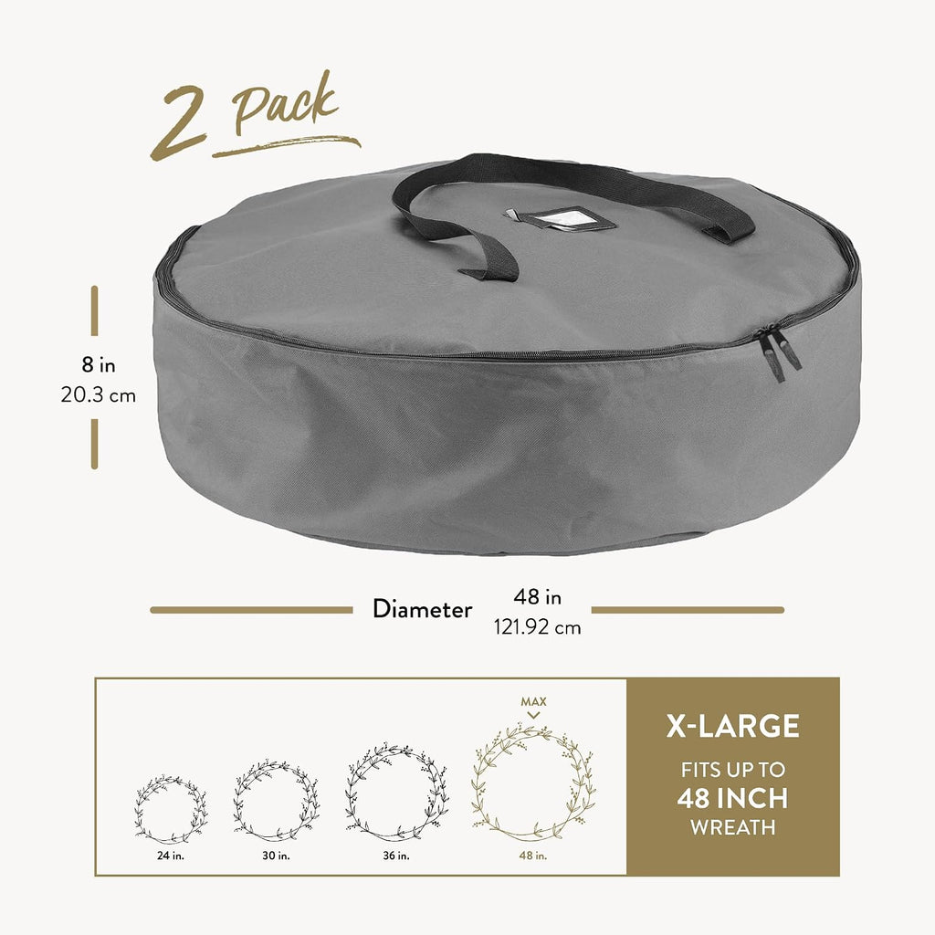 ZOBER 2 Pack Oxford Christmas Wreath Storage Container 48 Inch - Wreath Bag for Artificial Wreaths Box - Waterproof Fabric, Dual Zippered Wreaths Storage Bag With Strong Durable Handles - Gray