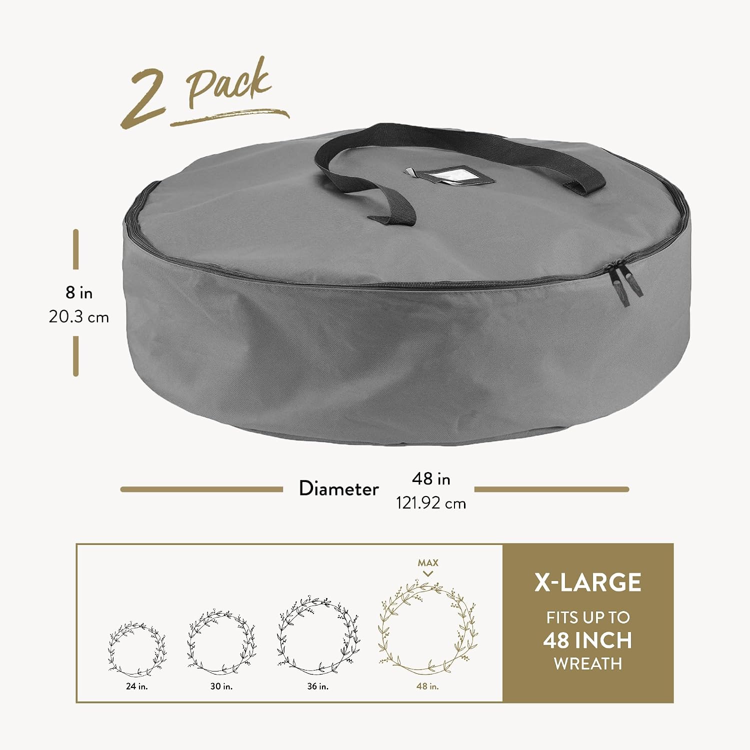ZOBER 2 Pack Oxford Christmas Wreath Storage Container 48 Inch - Wreath Bag for Artificial Wreaths Box - Waterproof Fabric, Dual Zippered Wreaths Storage Bag With Strong Durable Handles - Gray