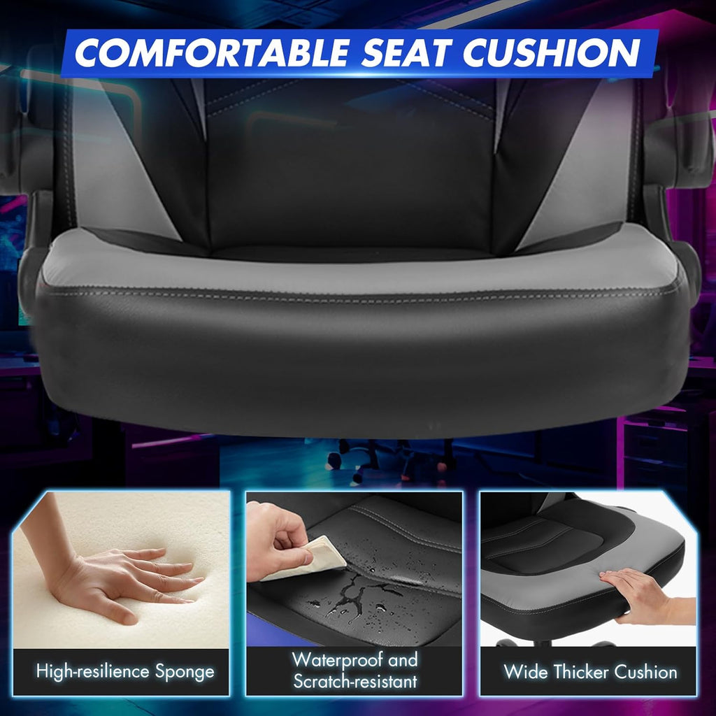 Sweetcrispy Computer Video Game Desk Chair - Ergonomic Comfy Lumbar Support, PU Leather with Flip-up Armrest, Height Adjustable and 360° Swivel, for Adults, Black Grey