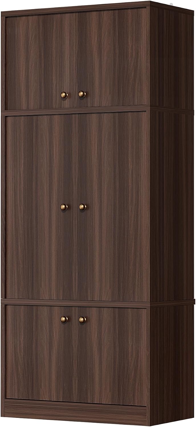 71" Tall Kitchen Pantry Cabinet - Walnut Wood Storage Cabinet with 6 Doors and Adjustable Shelves, Freestanding Kitchen Storage Cabinets with Open Drawers for Kitchen Dining Room Living Room