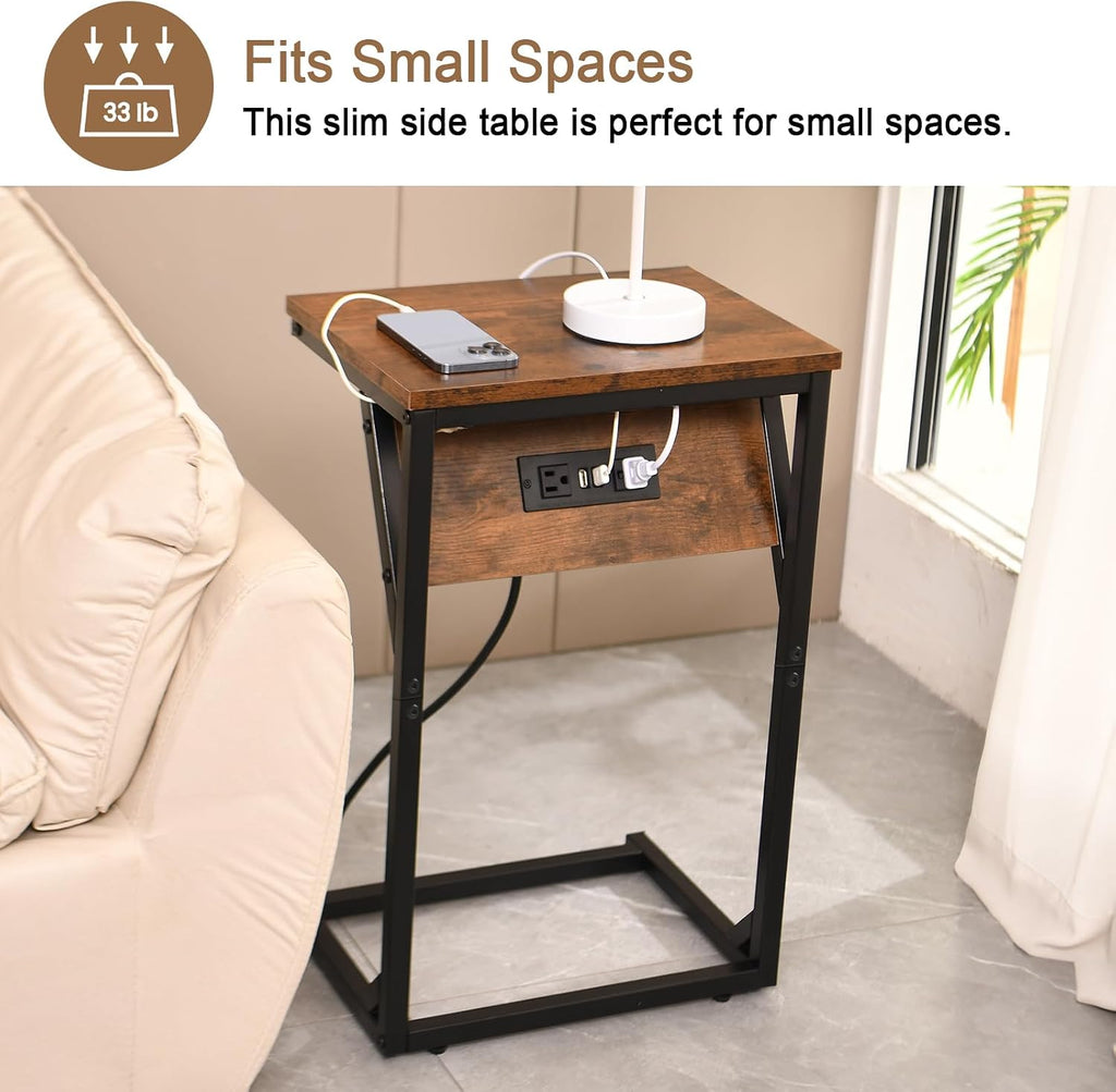 C-Shaped Side Table & End Table, Built-in Power Station (2 AC Outlets, 2 USB Ports) - Slide-in Design Sofa/Bedroom TV Tray, 15"x11"x23" Wood Top & Black Metal Frame