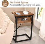 C-Shaped Side Table & End Table, Built-in Power Station (2 AC Outlets, 2 USB Ports) - Slide-in Design Sofa/Bedroom TV Tray, 15"x11"x23" Wood Top & Black Metal Frame