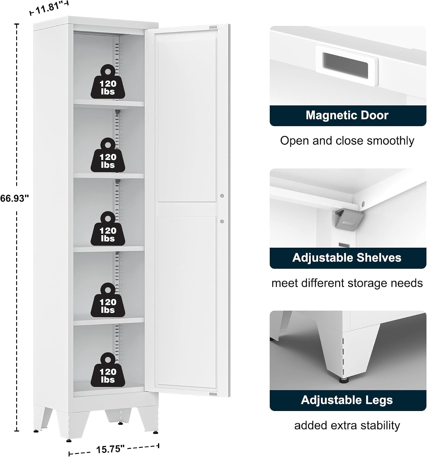 LCAOPC 67" Tall Narrow Bathroom Metal Storage Cabinet with 4 Adjustable Shelves, Freestanding 5 Tier Slim Pantry Storage Cabinet for Small Space, White