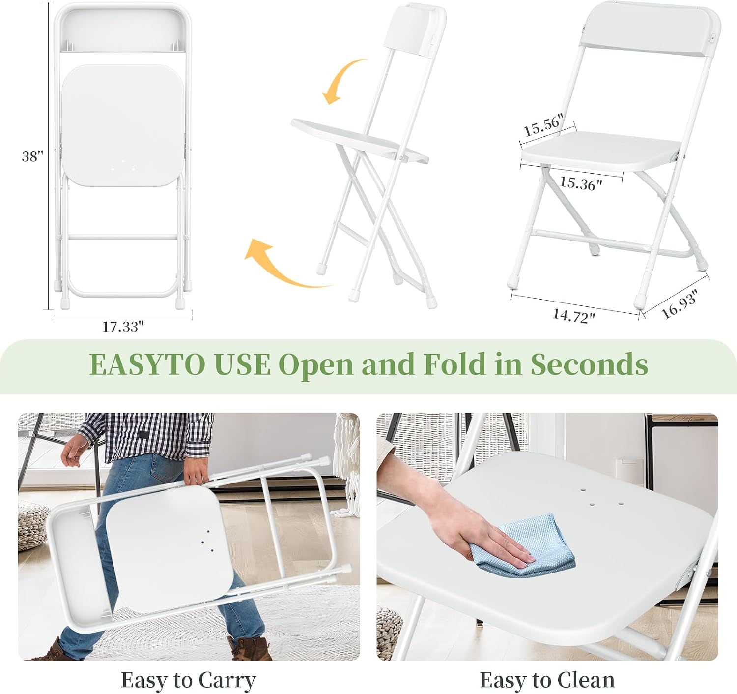 Folding Chair10 Pack,White Folding Chairs for Party Events Wedding Office Indoor Outdoor,Portable Plastic Stackable Commercial Seat with Steel Frame Capacity for 350lb