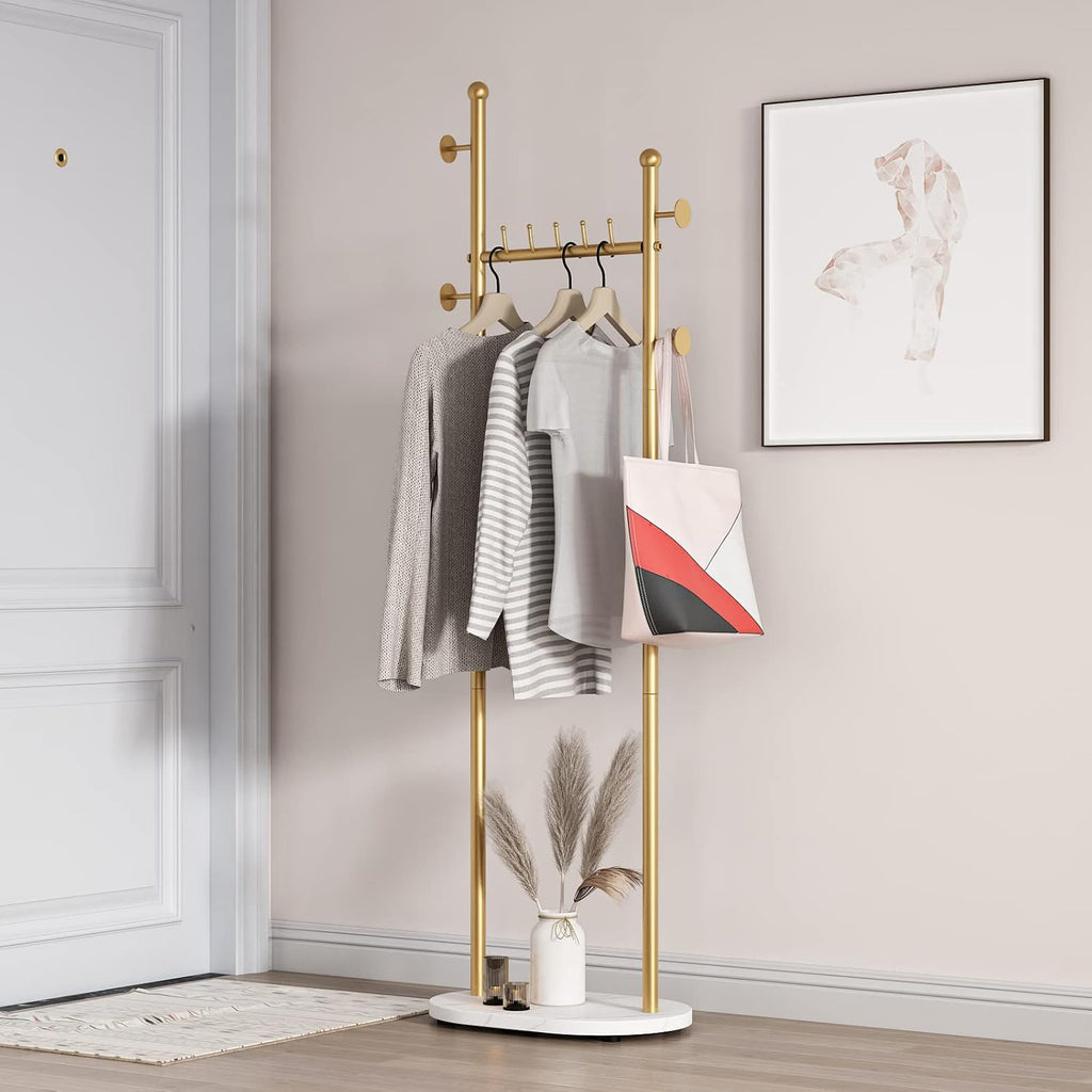 Gold Clothing Rack With Shelves, Gold Coat Rack Freestanding with Marble Base, Coat Hanger Hat Tree Standing Clothes Racks for Boutique, Bedroom