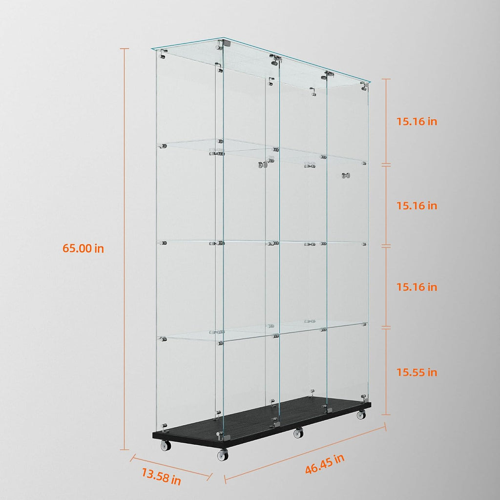 4 Tiers Glass Display Cabinet Extra Large with Bluetooth LED Light Strip, 2 Doors Floor Standing Curio Cabinet with Universal Wheel for Home, Black Glass Bookshelf for Collections, Clear Top