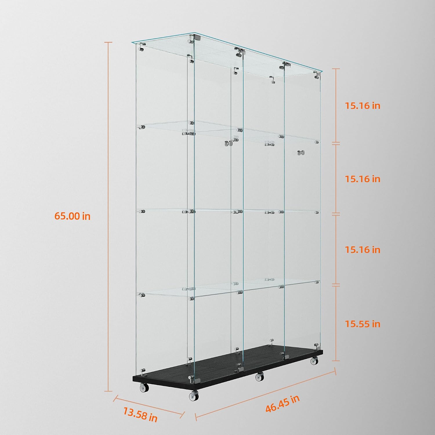 4 Tiers Glass Display Cabinet Extra Large with Bluetooth LED Light Strip, 2 Doors Floor Standing Curio Cabinet with Universal Wheel for Home, Black Glass Bookshelf for Collections, Clear Top