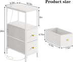 TOMNK Narrow Side Table with Charging Station and LED Light, Skinny Nightstand with 2 Fabric Drawers