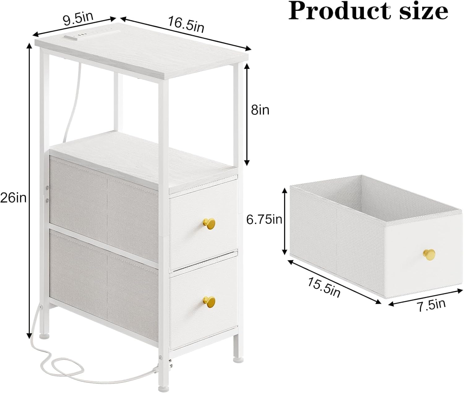 TOMNK Narrow Side Table with Charging Station and LED Light, Skinny Nightstand with 2 Fabric Drawers