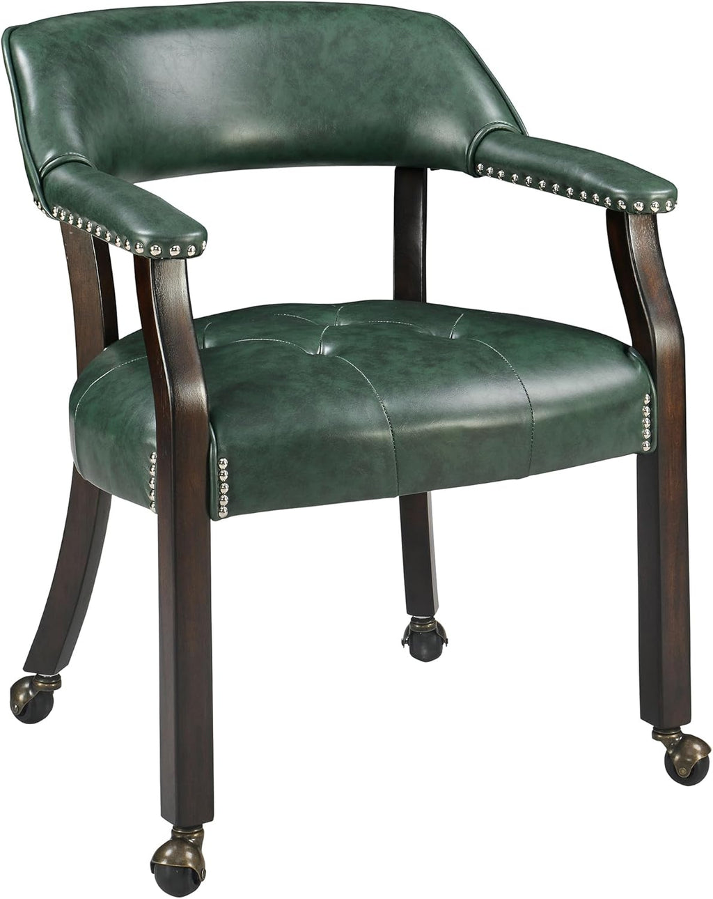 LEEMTORIG Large Dining Chairs with Casters and Arms, Rolling Dining Chairs with Wheels, Game Poker Table Chairs, Boss Caption's Chairs, 26"D x 25.2"W x 31.5"H, Espresso Legs & Green PU, XXY-1910-GN