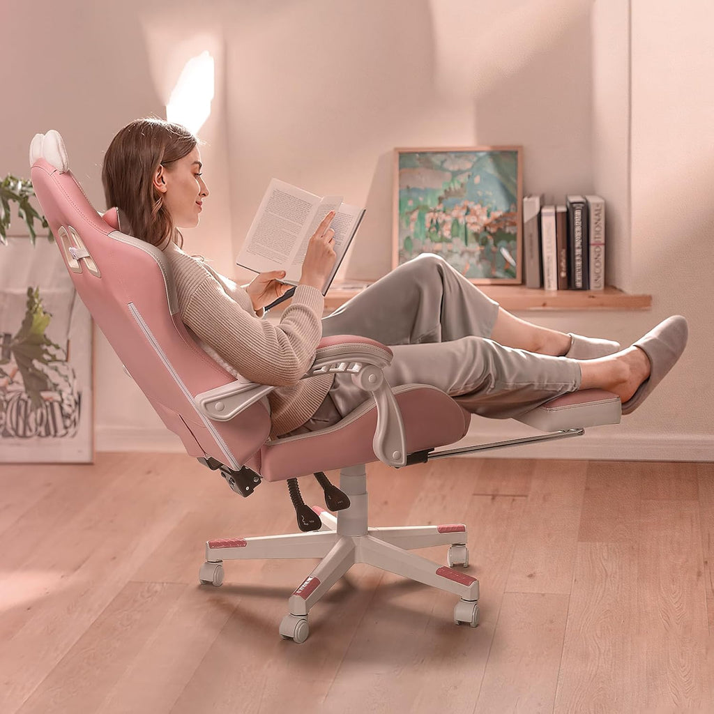 PUKAMI Pink Gaming Chair Cute with Cat Ears and Cat Paw Lumbar Cushion, Ergonomic Computer Chair for Girl with Footrest and Headrest, Comfortable Reclining PC Game Chair for Adult, Teen (Pink)