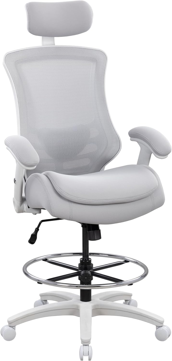 BOLISS Ergonomic Drafting Chair High Back Tall Office Chair for Standing Desk with Double-Layer Seat Cushion, Adjustable Headrest & Lumbar Support, Flip-Up Arms, and Metal Foot Ring (Grey)