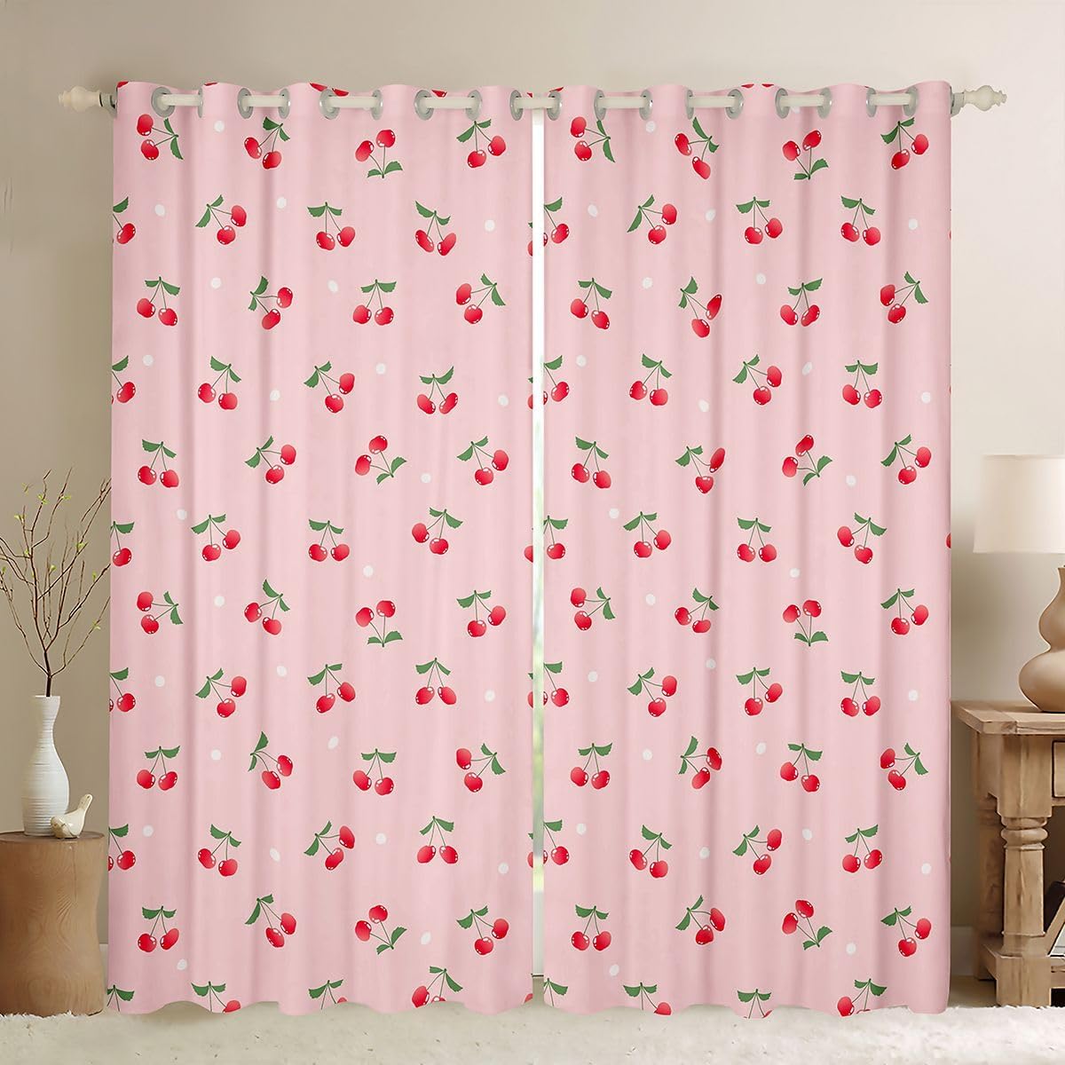 Feelyou Girls Cherry Curtains Cute Fruit Toddler Window Curtains for Bedroom Living Room Baby Women Pink Kawaii White Dots Decor Window Drapes Lovely Sweet Fresh Window Treatments 38W X 45L,2 Panels