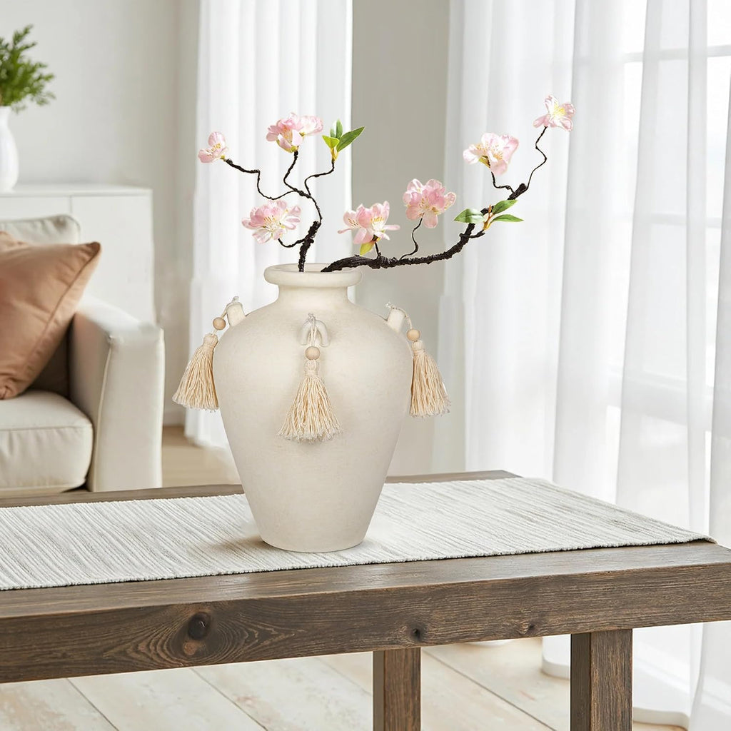 Large Decorative Ceramic Vase with Tassels, 9.4" White Boho Flower Vase with Handles, Textured Rustic Farmhouse Vases for Home Decor, Table Centerpiece, Living Room, Entryway, Wedding, Party Decor
