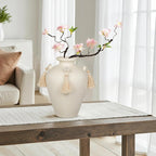 Large Decorative Ceramic Vase with Tassels, 9.4" White Boho Flower Vase with Handles, Textured Rustic Farmhouse Vases for Home Decor, Table Centerpiece, Living Room, Entryway, Wedding, Party Decor