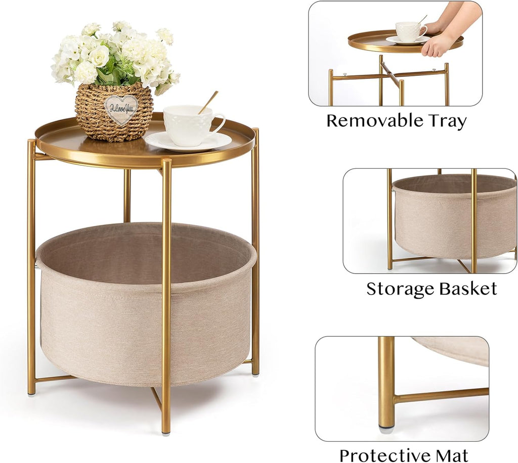 danpinera Gold Side Table with Fabric Storage Basket, Metal Round Side Small Bedside Table Nightstand with Removable Tray for Living Room, Bedroom, Outdoor Table for Patio, Nursery, Bathroom, Gold