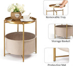 danpinera Gold Side Table with Fabric Storage Basket, Metal Round Side Small Bedside Table Nightstand with Removable Tray for Living Room, Bedroom, Outdoor Table for Patio, Nursery, Bathroom, Gold