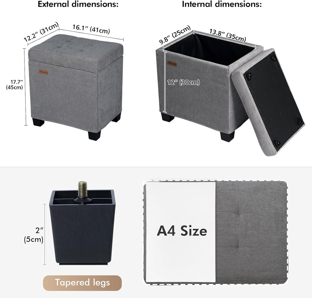 ABHENG Chenille Metal Framed Storage Ottoman,12.2" D x 16.1" W x 17.7" H Tufted Upholstered Ottoman with Storage,Foot Rest Stool with Legs,Holds 770 LB for Dorm Living Room Bedroom Gray UASND70G