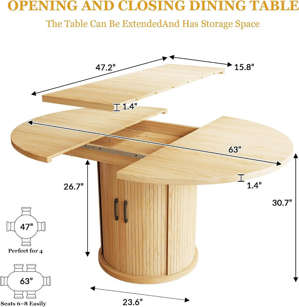 47.2"–63" Extendable Dining Room Table for 4-8, Round-to-Oval Expandable Dining Table with Dust-Proof 2-Tier Shelf, Space-Saving Wood Kitchen Table for Living Room, Oak
