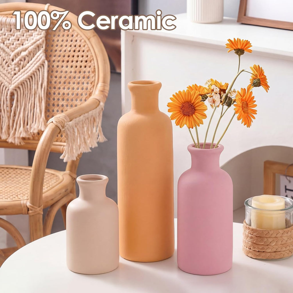 Domensi Modern Ceramic Vase Set of 3 Pink Orange Boho Vases for Home Farmhouse Rustic Decorative Bottles for Living Room Bedroom Shelf Table Bookshelf Entryway Decoration Housewarming Gift