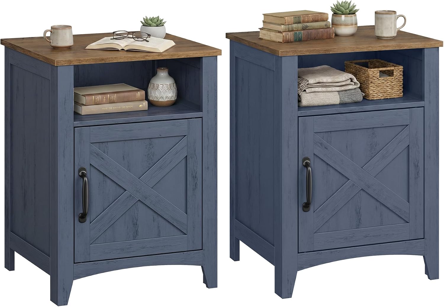 VASAGLE LIRY Collection - Farmhouse Nightstand, Barn Door, Set of 2, Bedside Table with Storage, Side End Table, Night Stand, Open Compartment, for Bedroom, Rustic Blue and Honey Brown ULET609Q101S-2J