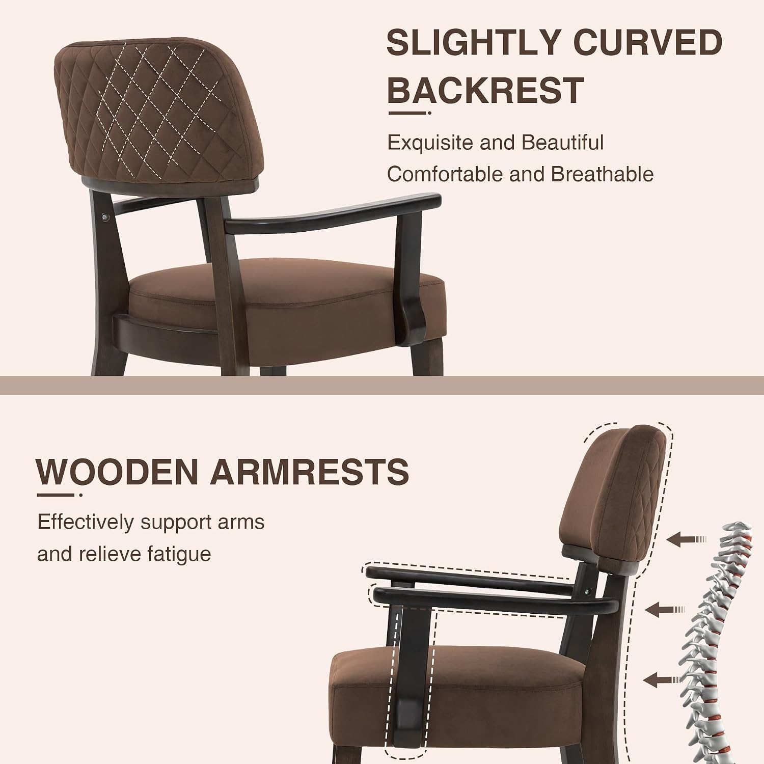 adochr Modern Wood Dining Chairs with Arms, Velvet Upholstered Kitchen Chairs with Open Curved Backrest & Hardwood Legs, Accent Chairs 350 LBS Capacity, Brown