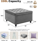 Tbfit Large Square Storage Ottoman Bench, Button Tufted Upholstered Coffee Table Ottoman with Wooden Legs, Oversized Storage Ottomans Toy Box Footrest for Living Room, Gray-Velvet