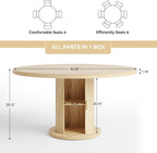 Round Dining Table for 4-6, 43.3" Modern Farmhouse Kitchen Table with Hidden Storage & Tambour Door, Japandi Style Wood Pedestal Circle Table for Small Spaces, Apartment, Dining Room, Classic Oak