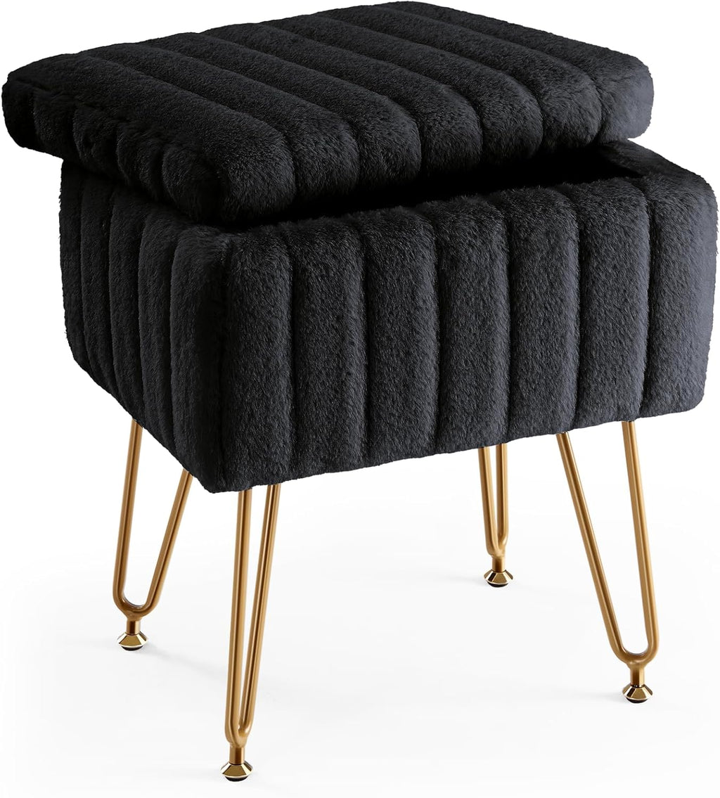 DUMOS Vanity Stool Chair, Ottoman with Storage, Makeup Cute Soft Small Footstool, Modern Style Faux Fur Seat with 4 Metal Legs & Adjustable Feet for Dressing, Living Room, Bedroom, Dorm, Black