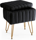 DUMOS Vanity Stool Chair, Ottoman with Storage, Makeup Cute Soft Small Footstool, Modern Style Faux Fur Seat with 4 Metal Legs & Adjustable Feet for Dressing, Living Room, Bedroom, Dorm, Black