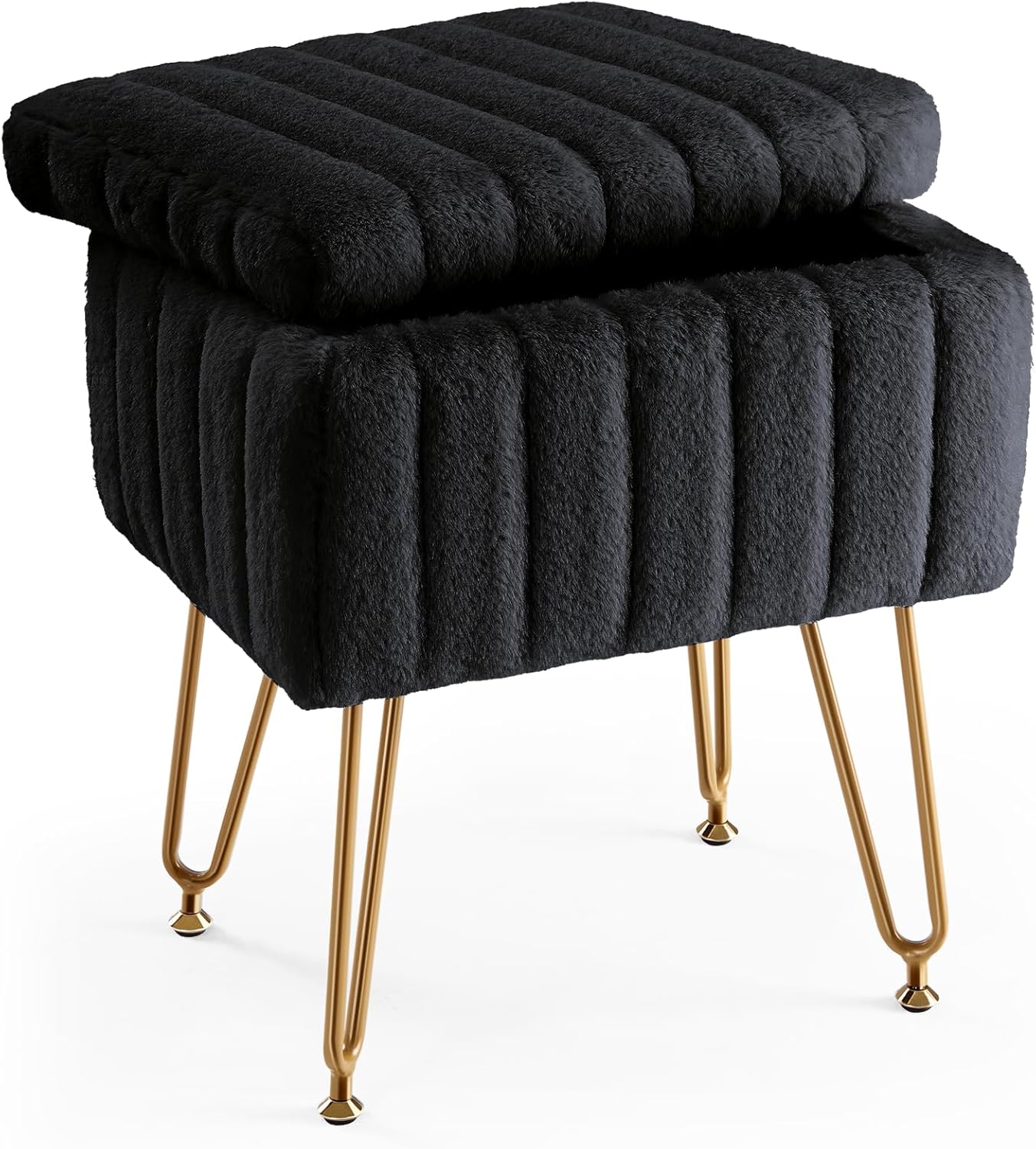 DUMOS Vanity Stool Chair, Ottoman with Storage, Makeup Cute Soft Small Footstool, Modern Style Faux Fur Seat with 4 Metal Legs & Adjustable Feet for Dressing, Living Room, Bedroom, Dorm, Black