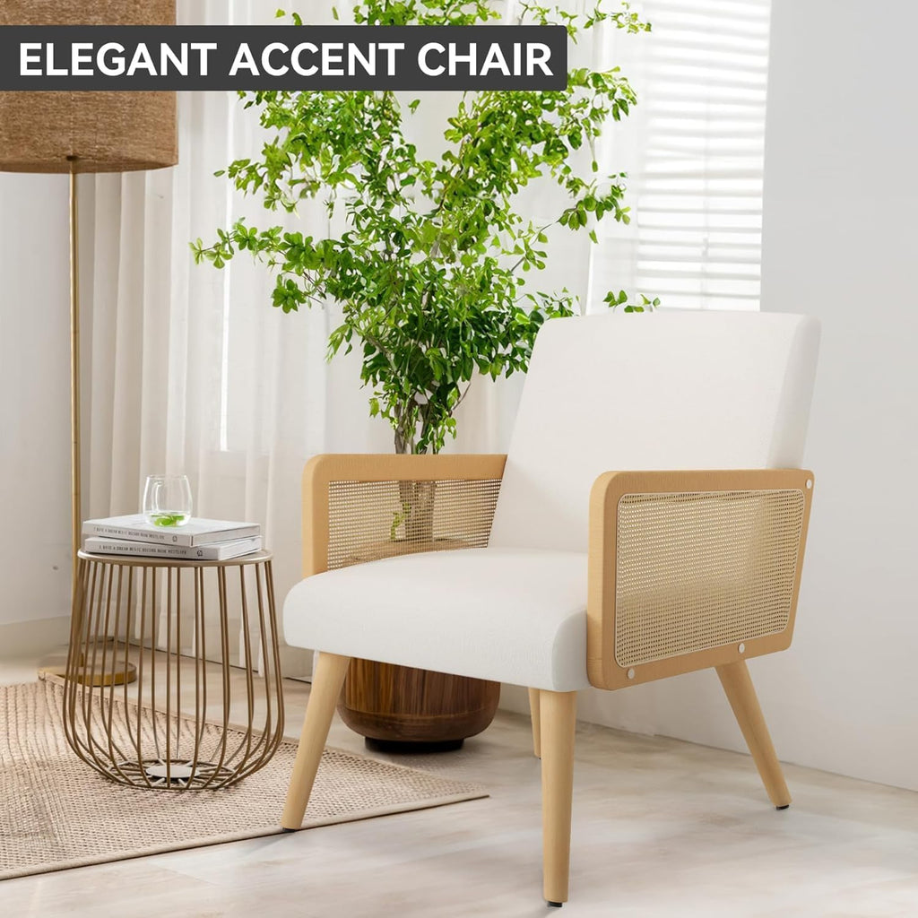 Nebuaegis Accent Chair with Rattan Arms, Living Room Chairs with Wood Legs, Modern Armchair for Bedroom, Lounge Chair Indoor for Reading Room Kitchen Beige
