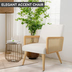 Nebuaegis Accent Chair with Rattan Arms, Living Room Chairs with Wood Legs, Modern Armchair for Bedroom, Lounge Chair Indoor for Reading Room Kitchen Beige