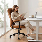 Furniliving Leather Office Chair, Comfy Home Office Desk Chair, Mid Century Modern Office Chair with Lumbar Support, Mid-Back Adjustable Swivel Computer Chair with Wheels and Arms, Brown