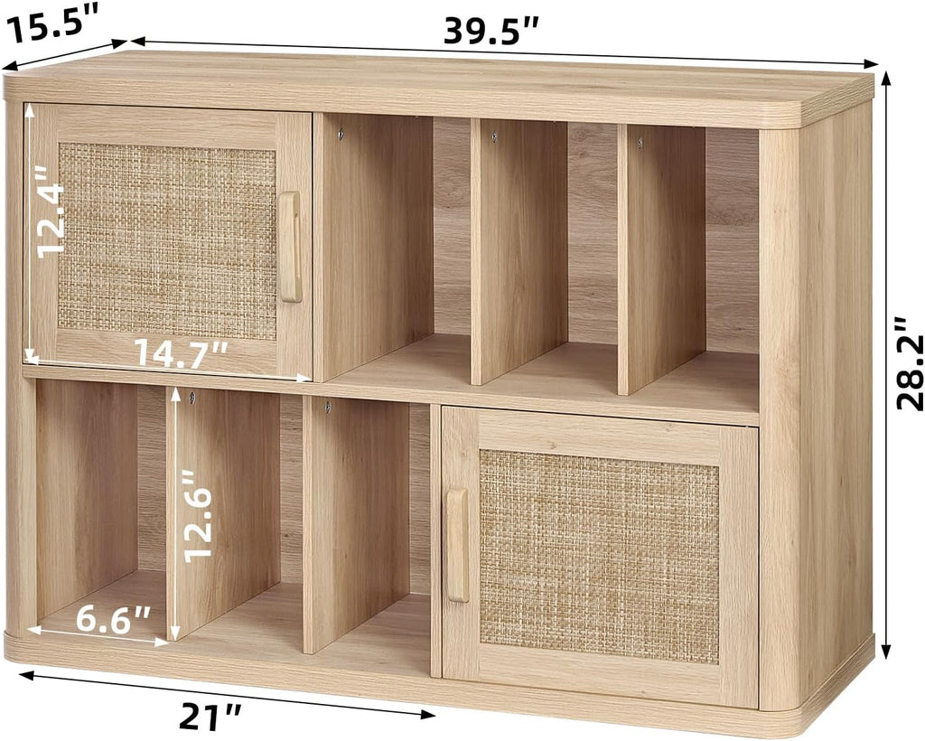 LELELINKY Large Record Player Stand - 39.5" Record Cabinet with Open Vinyl Storage Holds up to 400 Albums, Bohemian Vinyl Player Table with Rattan Doors, Turntable Stand for Living Room, Natural Oak