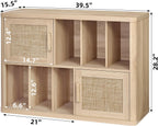 LELELINKY Large Record Player Stand - 39.5" Record Cabinet with Open Vinyl Storage Holds up to 400 Albums, Bohemian Vinyl Player Table with Rattan Doors, Turntable Stand for Living Room, Natural Oak