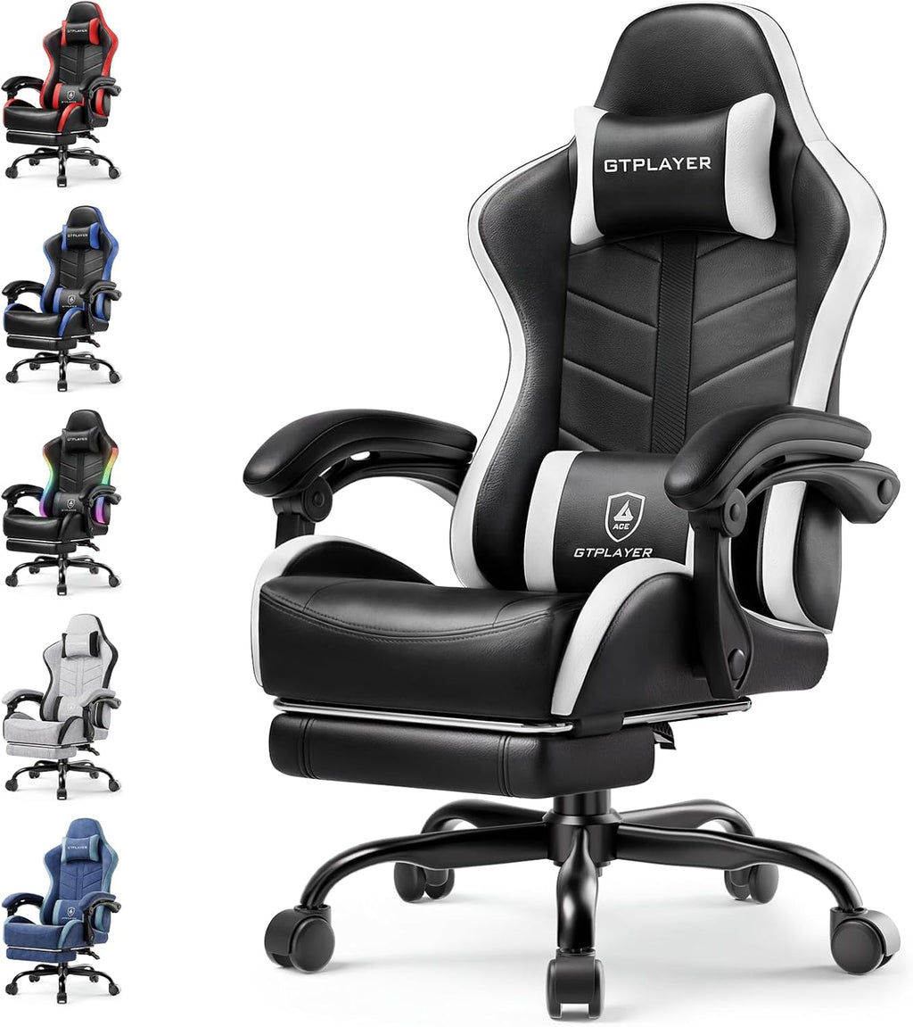 GTPLAYER Gaming Chair for Adults, Ergonomic Computer Gaming Chair with Footrest, Height Adjustable, 90-155° Recline & Removable Headrest Lumbar Support, White
